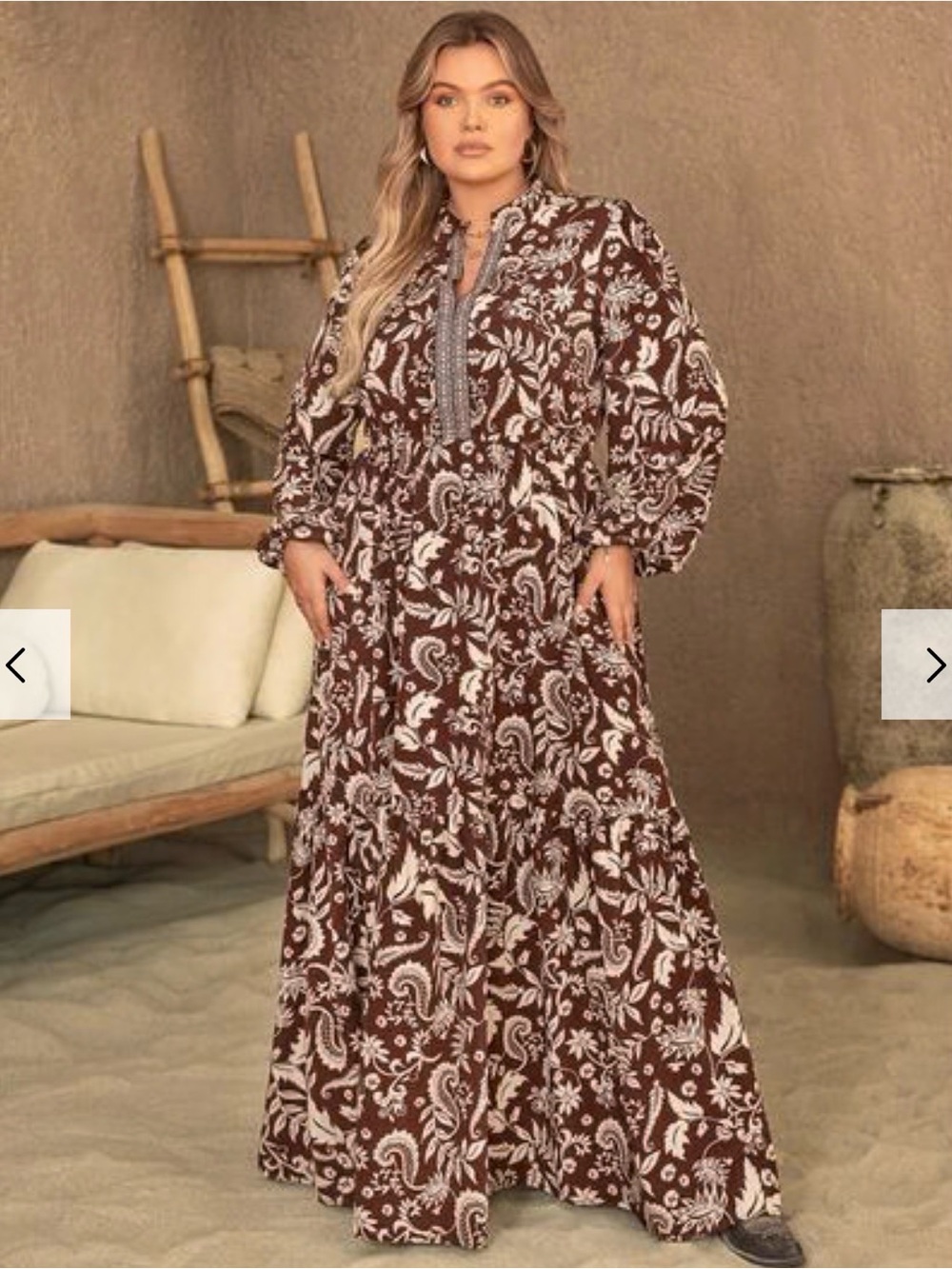 Rusttydustty Boho Paisley Dress | Size 2XL | Brown & Cream Tiered Maxi